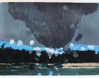 Cloud Over Trout Pond, Original Autumn Landscape Collage Painting on Paper, 11 x 15 Inches, Stooshinoff