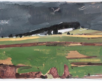 May include: A painting of a landscape with a dark gray sky and a rolling green hill in the foreground. The hill is divided into sections by brown lines, and there are a few trees in the distance.