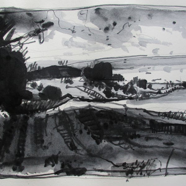Lost Dog Hill, Summer End, Original Acrylic drawing on Paper, Stooshinoff