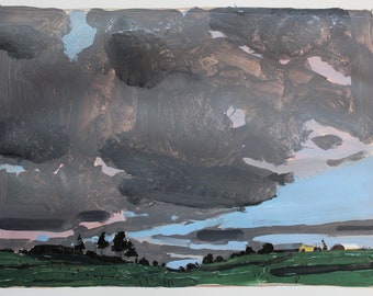 Horse Farm Sky, Original Late Summer Landscape Collage Painting on Paper, 11 x 15 Inches, Stooshinoff