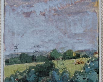 May include: A small, square painting depicts a rural landscape under a cloudy sky. The scene includes green fields, trees, and power lines. The color palette features muted blues, greens, and browns, creating a serene atmosphere.