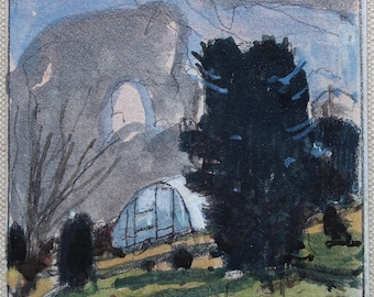 Origineel klein gouache-landschapsschilderij op paneel, koelkastmagneet, 'Chickabiddy Greenhouse'