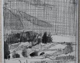 Original Small Plein Air Landscape Pencil Drawing on Panel, Fridge Magnet, Christmas Eve, Garden Hill, Stooshinoff