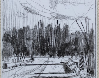 Dibujo original de paisaje al aire libre a lápiz sobre tabla, imán para nevera, "Junction"