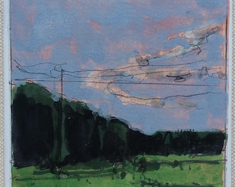 Original Small Gouache Landscape  Painting on Panel, Fridge Magnet, "Guard on 10"