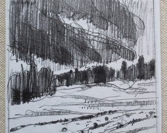 Sunday Clouds, Original Small Plein Air Landscape Pencil Drawing on Panel, Fridge magnet, Stooshinoff