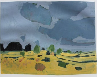 Yellow Meadow, Original Summer Landscape Collage Painting on Paper, 15 x 11 Inches, Stooshinoff