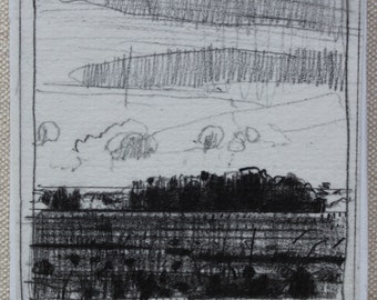 Original Plein Air Landscape Pencil Drawing on Panel, Fridge Magnet, Stooshinoff, August Bean Field