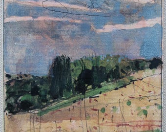 Original Small Gouache Plein Air Landscape  Painting on Panel, Fridge Magnet, "June Stop"