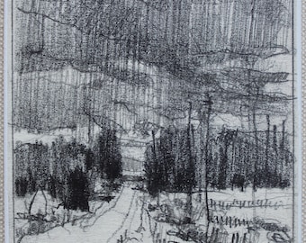 Original Small Plein Air Landscape Drawing on Panel, Fridge Magnet, 'November Start'