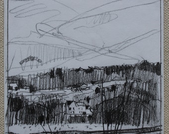 Original Small Plein Air Landscape Drawing on Panel, Fridge Magnet, Stooshinoff, "January Freeze"