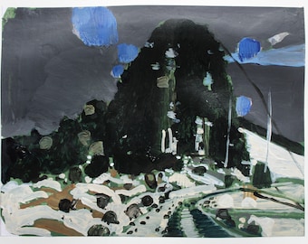 Home Valley, Night, Original Winter Landscape Collage Painting on Paper, 11 x 15 Inches, Stooshinoff