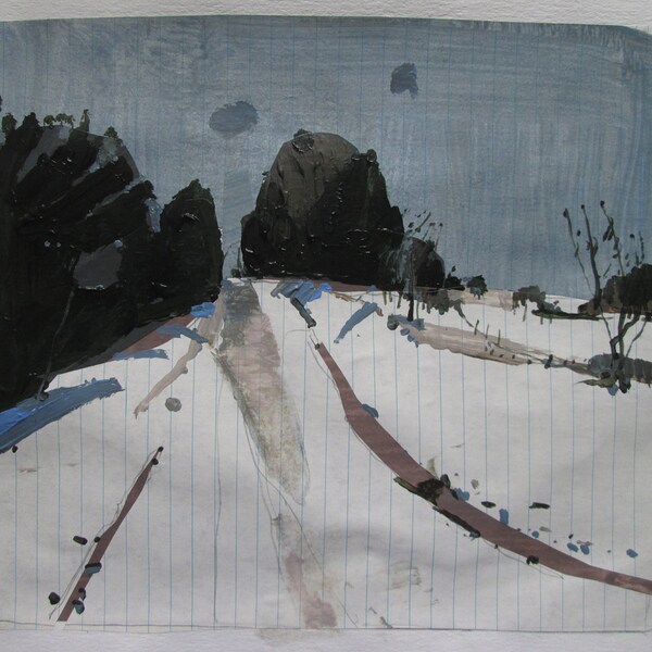Cedar Hill, December 23, Original Winter Landscape Collage Painting on Paper, Stooshinoff