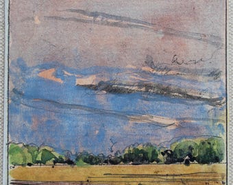 Original Small Gouache Landscape  Painting on Panel, Fridge Magnet, "Evening Field"
