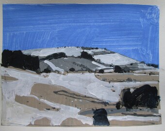 December Blue, Original Winter Landscape Collage Painting on Paper, Stooshinoff