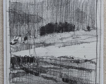 Original Tiny Spring Plein Air Pencil Drawing on Panel, Fridge Magnet, Stooshinoff, June 1 Haze