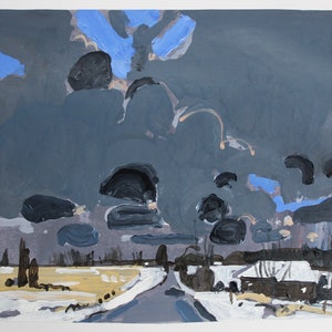 City Bound, Final Snow, Original Spring Landscape Collage Painting on Paper, 11 x 15 Inches, Stooshinoff