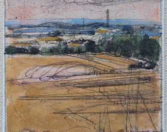 Original Small Gouache Plein Air Landscape  Painting on Panel, Fridge Magnet, "Wesleyville Tower"