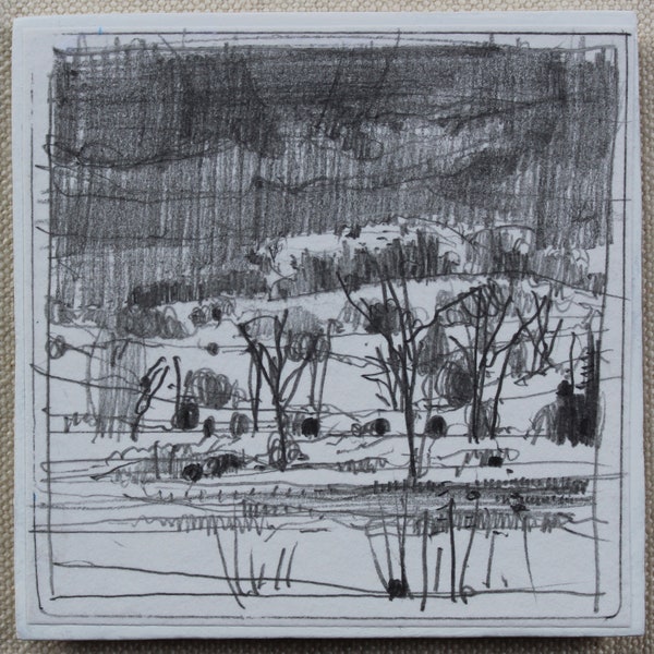 Original kleine Plein Air Bleistift Landschaft Zeichnung auf Panel, Kühlschrank Magnet, Stooshinoff, Rainy Hill