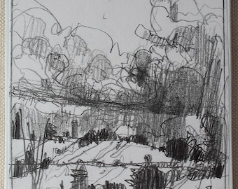 May include: A square ceramic tile featuring a black graphite pencil sketch of a landscape. The drawing depicts a rolling hill, dense clusters of trees, and a cloudy sky, all rendered with expressive, loose lines and varied shading.