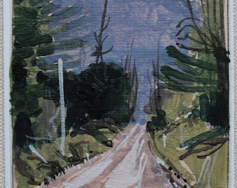 May include: A painting of a dirt road leading into a forest. The trees are a dark green and the sky is a light blue. The road is lined with tall, thin trees on either side.