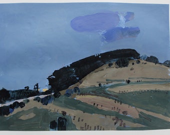 Lost Dog HIll at Dusk, Original Landscape Collage Painting on Paper, 11 x 15 Inches, Stooshinoff