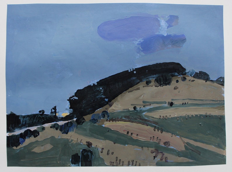 Painted Rounded Hills Original Landscape Collage Painting, 11 X 15 Inches,