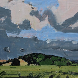 Skyscape Painting: August Sun Shower, Plein Air Acrylic on Panel (8x11)