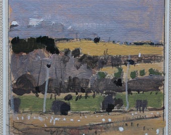 May include: A painting of a landscape with a purple sky, green fields, and brown trees. The painting is done in a loose, impressionistic style.