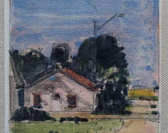Village Edge, Original Small Gouache Landscape  Painting on Panel, Fridge Magnet, Stooshinoff