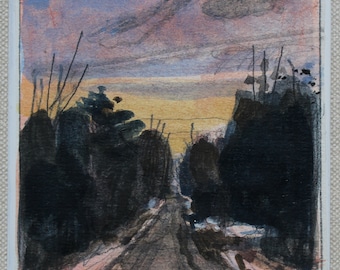 Original Small Gouache Landscape  Painting on Panel, Fridge Magnet, "Return at Dusk"