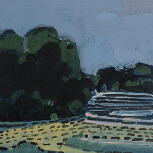 May include: An abstract landscape painting with a dark green tree line against a light blue sky. The foreground features a yellow and green field with dark brown and black brushstrokes. A white and gray structure is in the middle ground.