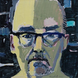 May include: A close-up portrait painting of a person with a yellow and green face, wearing glasses. The person has a serious expression and a mustache. The painting is done in a stylized, abstract style with bold brushstrokes. The artist's signature and the year 2003 are visible in the bottom right corner.