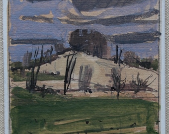 May include: A painting of a landscape with a hill in the background. The hill is covered in trees and bushes. The sky is a light blue with dark clouds. The painting is done in a loose, impressionistic style.