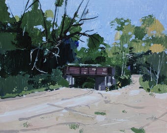 Original Canadian Landscape  Painting on Panel, 8 x 10 Inches, Stooshinoff, "Rail Bridge"