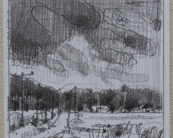 Original Small Plein Air Landscape Pencil Drawing on Panel, Fridge Magnet, "Evening Showers"