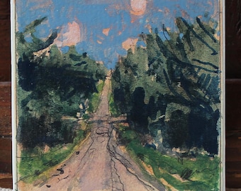 Original Small Gouache Landscape  Painting on Panel, Fridge Magnet, "Road Out"