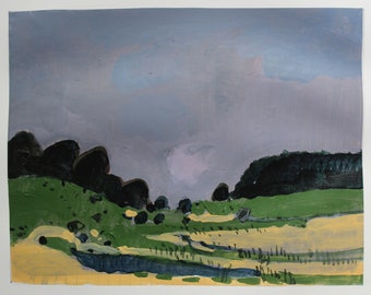 Entrance Valley, Original Summer Landscape Collage Painting on Paper, 15 x 11 Inches, Stooshinoff