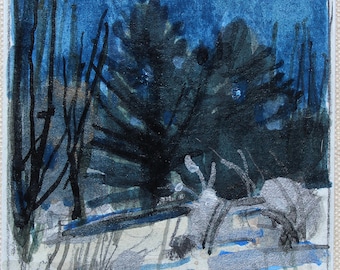 Original Small Winter Landscape  Painting on Panel, Fridge Magnet, "Home Pine at Dusk"
