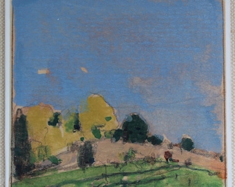 May include: A square ceramic tile featuring a painted landscape scene. The artwork displays a bright blue sky above a rolling green hill with patches of yellow and dark green trees. A thin brown border frames the entire square image.
