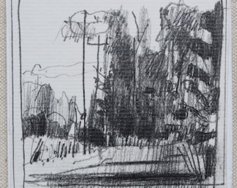 Original Tiny Plein Air Pencil Landscape Drawing on Panel, Stooshinoff, "South Copse"