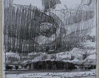 Pencil Drawing Fridge Magnet: Small Landscape Art, "Bean Field Sky"