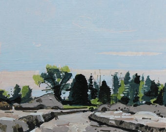 May include: An abstract landscape painting with a light blue sky and a foreground of gray and beige rocks and a path. Green trees and foliage are in the middle ground. The artwork is painted with visible brushstrokes.