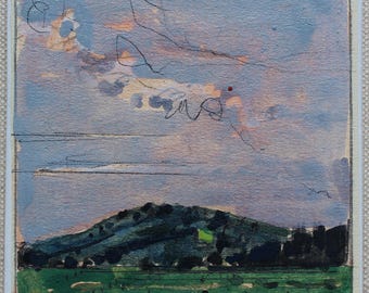 Original Small Gouache Landscape  Painting on Panel, Fridge Magnet, "Garden Hill July"