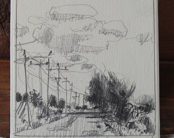 Home Bound, Original Small Plein Air Landscape Pencil Drawing on Panel, Fridge Magnet, Stooshinoff