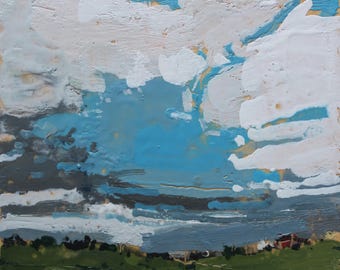 Original Encaustic Landscape Painting: Sky Over Horse Farm, 8.25 x 10 Inches
