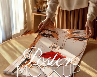May include: A poster mockup featuring a woman's face with red lips and a white background. The poster is being held by a person's hands. The text "Poster Mockup" is written in white on the poster.