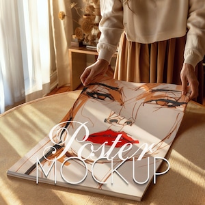 Op de afbeelding: Een poster mockup met het gezicht van een vrouw met rode lippen op een witte achtergrond. De poster wordt vastgehouden door de handen van een persoon. De tekst "Poster Mockup" is in wit op de poster geschreven.