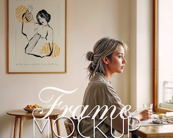 Vertical Frame Mockup With Person Thin Wood Frame Dining Room DIN A ISO Frame Mockup Artwork PSD Frame Mockup Photoshop Photopea Mockup