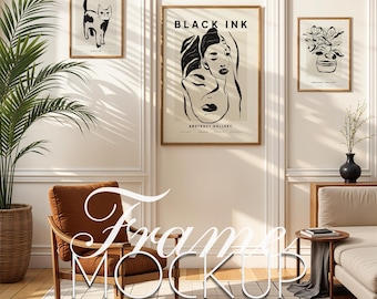 Puede incluir: Una maqueta de tres impresiones enmarcadas en un ambiente de sala de estar. Las impresiones presentan diseños de arte de línea en blanco y negro. La impresión de la izquierda presenta un gato, la impresión del medio presenta un rostro de mujer y la impresión de la derecha presenta una planta. El texto "BLACK INK" y "ABSTRACT GALLERY" es visible en la impresión del medio.